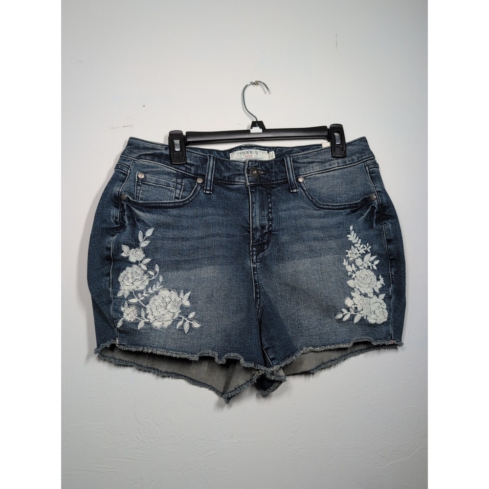 torrid Dark Blue Denim Jean Shorts with White Floral Embroidery